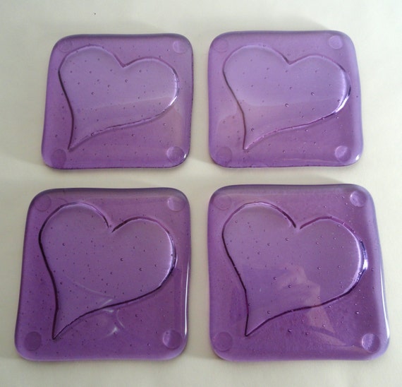 Items similar to Hearts purple fused art glass coasters with kiln