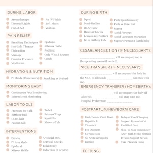 Op de afbeelding: Een printbaar werkblad met een checklist van geboortevoorkeuren voor aanstaande ouders. Het werkblad behandelt onderwerpen als pijnbestrijding, hydratatie, bevallingshulpmiddelen, interventies en kraamzorg.