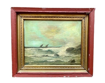 Very Old Original Seaside Oil Painting in Original Gold and Red Frame | DF Baker Beach Ocean Vintage Antique Art Featuring Gulls and Boats