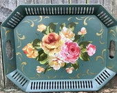 Vintage Reticulated Gray Rose Floral Toleware Serving Tray Pink and Yellow Floral Metal Tray