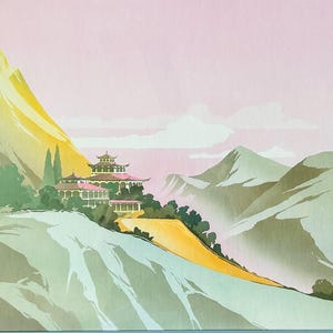 Póster de viaje vintage asiático oriental rosa y verde enmarcado con escena de pagoda montañosa / Obra de arte de pared estilo pagoda japonesa con bloques de madera