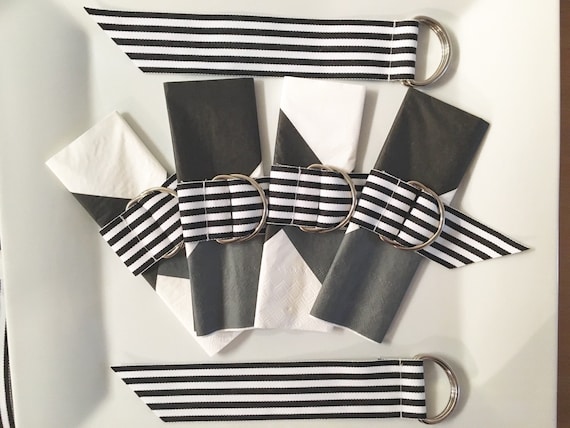 A Set of Black White Stripe Grosgrain D-ring Napkin Rings by