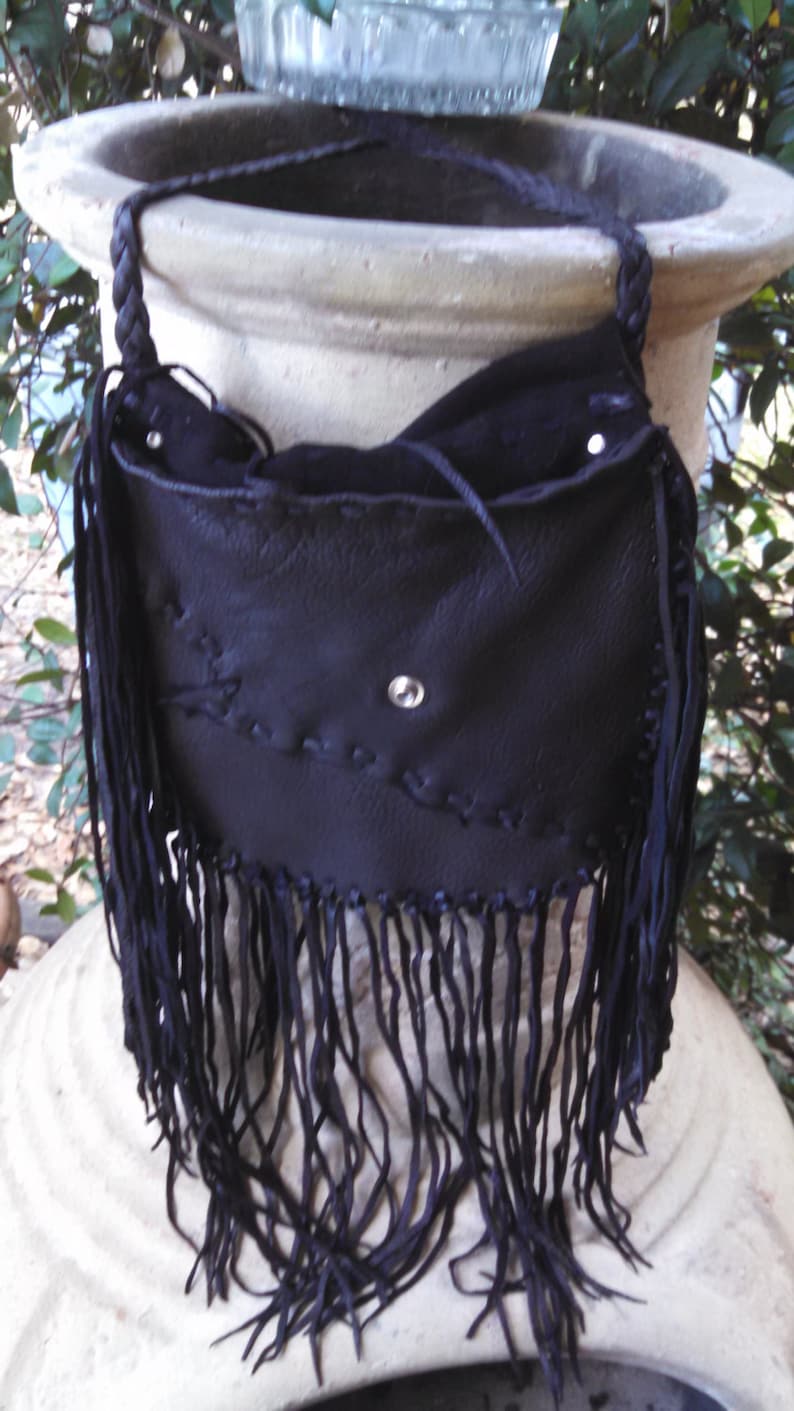 Shoulder Purse With Fringe Concho and Silver and Teal Beads Hip Bag Black Deerskin Purse