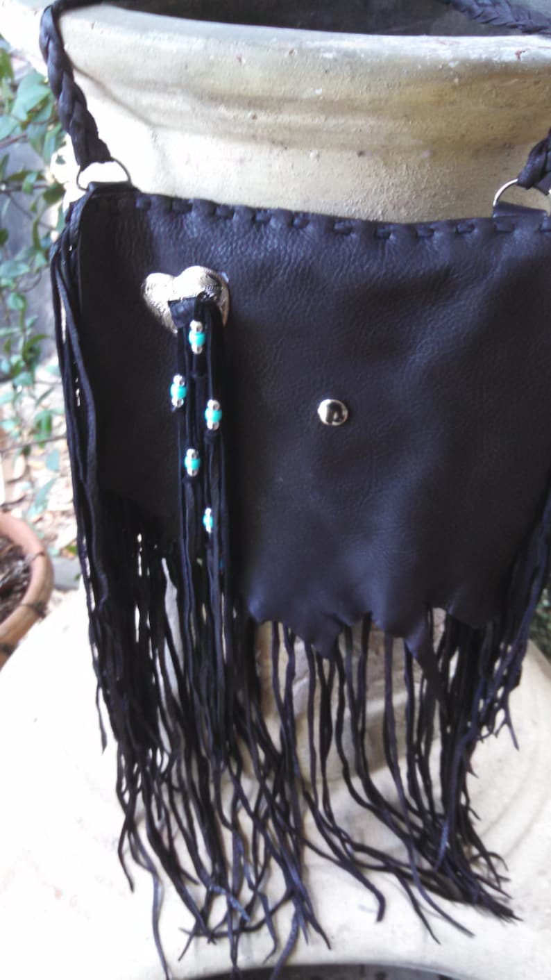 Shoulder Purse With Fringe Concho and Silver and Teal Beads Hip Bag Black Deerskin Purse