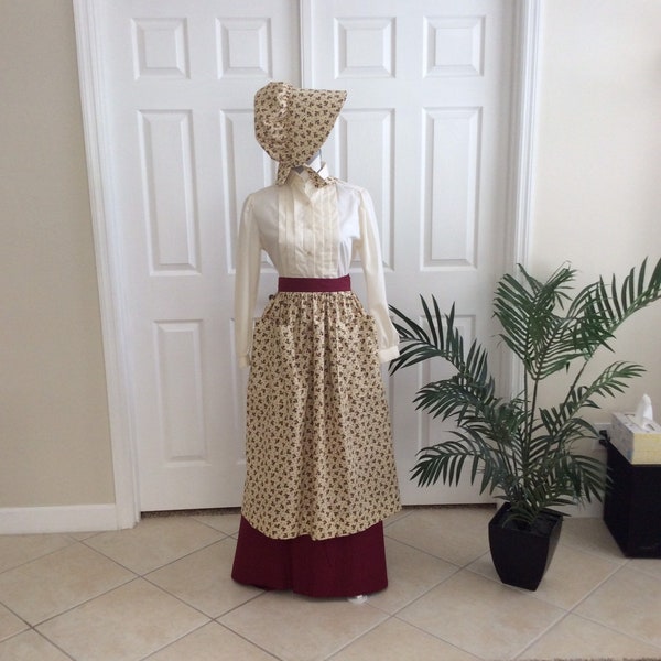 Pioneer Outfit with Skirt, Waist Apron, and Bonnet (3 Pieces), Custom Waist from 27-45 inches