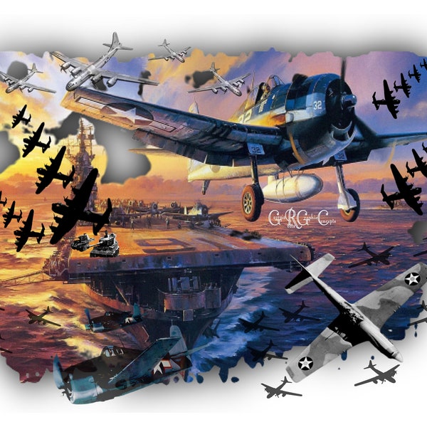 Abstract US Patriotic WW2 Pearl Harbor Military War Planes Ship Tank Collage PNG/JPEG Digital Instant Tattoo Waterslide Sublimation Print