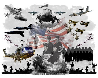 Abstract US Patriotic Flag Soldiers Military Airforce War Planes Helicopters Collage PNG Digital Instant Waterslide Sublimation Print