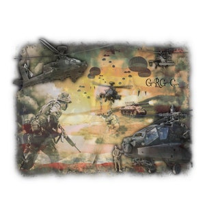 May include: A graphic print featuring a collage of military imagery including attack helicopters, soldiers in combat gear, a tank, and parachutists over a faded American flag background. The text GRC Graphic Concepts is visible on the right side.