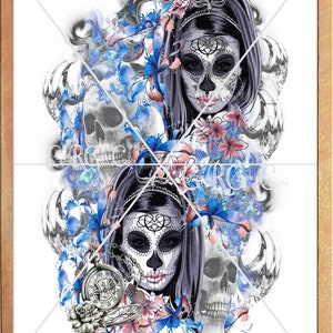 Abstract Sugar Skull Mask On Girl Flowers Pocket Watch Skulls And Smoke PNG/JPEG, Digital Instant Download, Waterslide, Sublimation Print