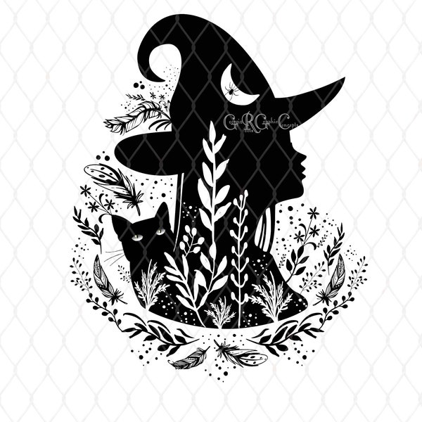 Halloween Black And White Floral Pretty Witch Cat Moon Spider Hat PNG Digital Instant Download Print Waterslide Tattoo Sublimation Print