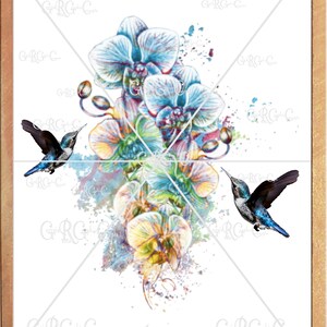 Hummingbirds, Abstract Colored Orchid Flowers On Abstract Background PNG/JPEG Digital Instant Download Print