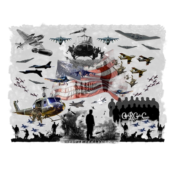 Abstract US Patriotic Flag Military Airforce War Planes Helicopters Soldier Collage PNG Instant Download Tattoo Waterslide Sublimation Print