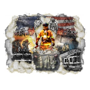 Abstract US Patriotic Flag Firefighter Fireman Engine Truck Fire Smoke Collage PNG/JPEG Digital Instant Tattoo Waterslide Sublimation Print