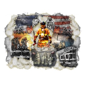 Abstract US Patriotic Flag Firefighter Fireman Engine Truck Fire Smoke Collage PNG/JPEG Digital Instant Tattoo Waterslide Sublimation Print