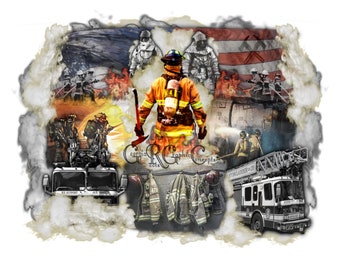May include: A firefighter in full gear stands in front of an American flag with smoke and fire behind them. The firefighter is wearing a helmet, a yellow jacket, and black pants. The firefighter is holding an axe in their right hand. The image also includes a fire truck, a fire hose, and other firefighters.