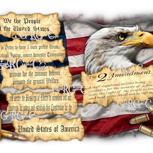 May include: A vintage-style parchment with the text "We the People of the United States" and the Second Amendment of the US Constitution. The parchment is overlaid on an American flag with a bald eagle in the background. There are bullet casings on the bottom of the image.