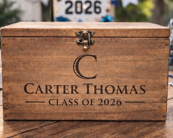Personalized Graduation Keepsake Box – Class of 2026 Gift for Him – Rustic Cedar Memory Box – Custom Senior Gift for Son
