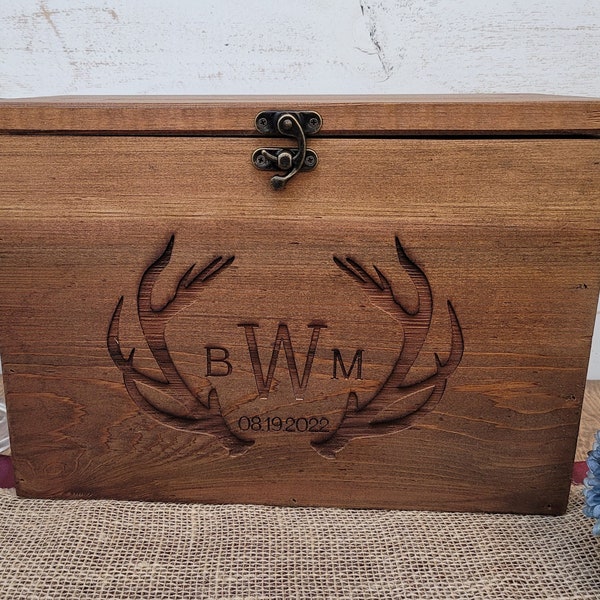 Personalized Rustic Wedding Card Box with Deer Antler Design - Customizable