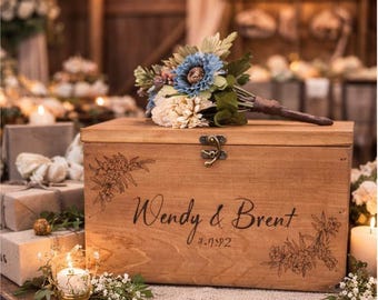 Wedding Reception Card Box: Custom Engraved Rustic Wood (Multiple Sizes)