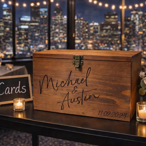 Personalized Rustic Wood Wedding Card Box, Engraved Bride & Groom Keepsake Box with lock