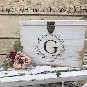 White Rustic Wooden card box Personalized  Lockable card box   Wedding Card box