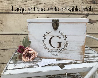 White Rustic Wooden card box Personalized  Lockable card box   Wedding Card box