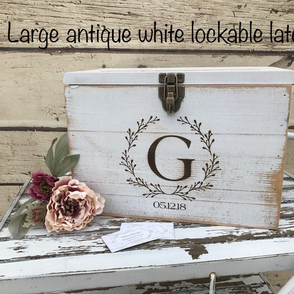 White Rustic Wooden card box Personalized  Lockable card box   Wedding Card box