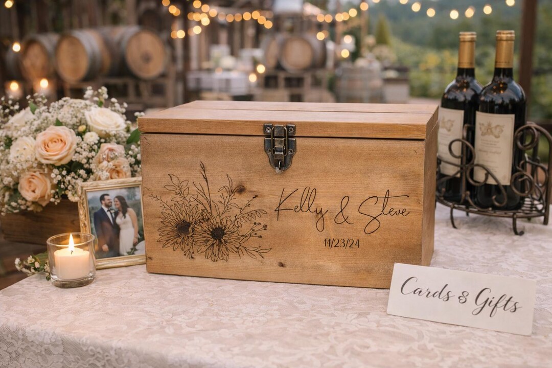 Rustic Cedar Wedding Card Box With Lock – Personalized Engraved Wooden ...