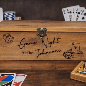 Personalized Game Night Keepsake Box  Rustic Wooden Storage Chest with Laser Engraving for Cards, Dice, Family Memories