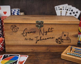 Personalized Game Night Keepsake Box  Rustic Wooden Storage Chest with Laser Engraving for Cards, Dice, Family Memories