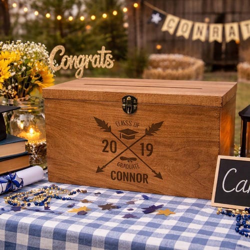 grad party card box Black, Silver, & Gold Grad Cap Card Box, 8in x 5.83in