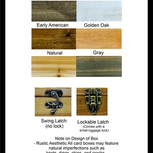 various stain/paint color options for a wooden box, including Dark Walnut, Aged White, Early American, Golden Oak, Natural, Gray, and Swing Latch (no lock). The image also includes a note on the design of the box, highlighting that the rustic aesthetic of the card boxes may feature natural imperfections such as knots, dings, chips, and cracks, adding to the rustic charm and uniqueness of each handmade piece.