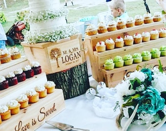 Rustic Wooden Cupcake Stand Set |  Engraved Cake & Stair Display
