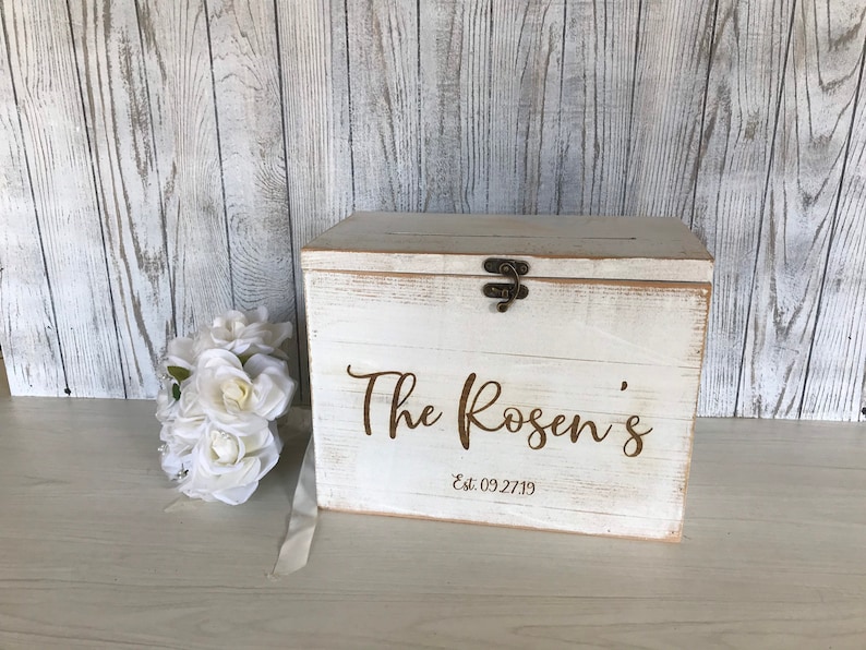 White Rustic Wooden Card Box Personalized Lockable Card Box Etsy