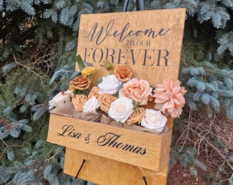 Signo de bienvenida personalizado de la caja de flores, signo de bienvenida de la boda