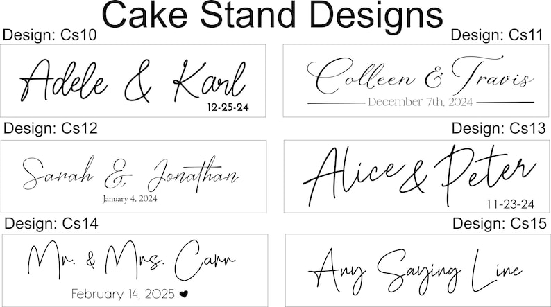 Puede incluir: Dise&ntilde;os de soportes para pasteles con nombres y fechas en escritura elegante. Los dise&ntilde;os incluyen nombres como Adele & Karl, Colleen & Travis, Sarah & Jonathan, Alice & Peter, Mr. & Mrs. Carr y "Any Saying Line."