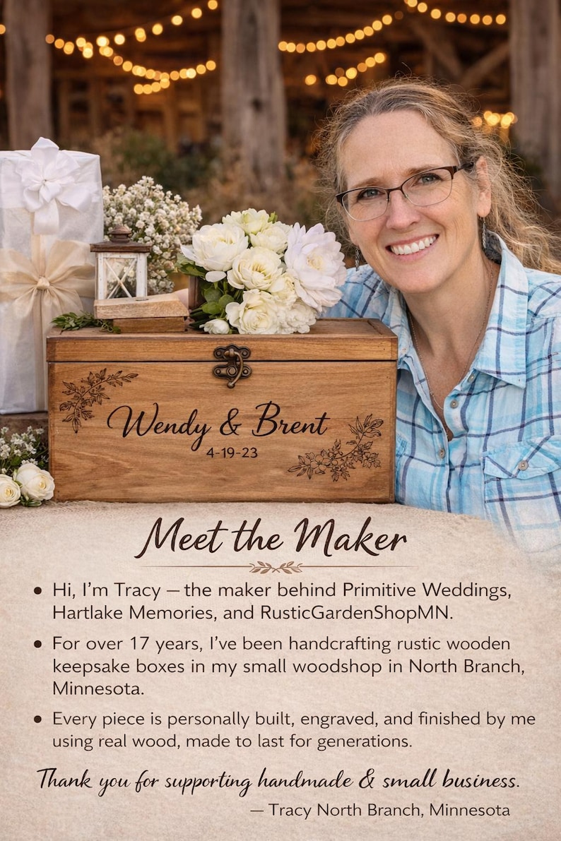 A woman is smiling and posing next to a wooden box with a floral design, surrounded by flowers and other decorative items.