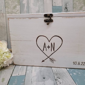 Personalized White Rustic Wooden Card Box with Lock