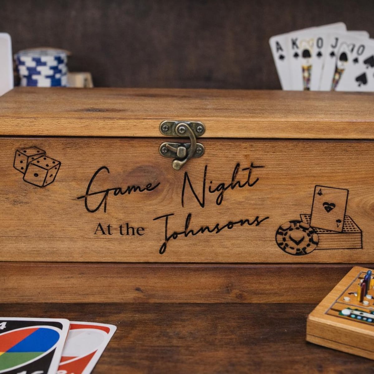 Personalized Game Night Keepsake Box Rustic Wooden Storage Chest with Laser Engraving for Cards, Dice, Family Memories