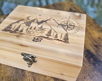 Handcrafted Rustic Mountain Design Keepsake Box – Wooden Memory Storage