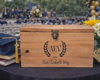 Rustic Graduation Keepsake Box Personalized Wooden Memory Chest for Cards & Letters, Senior Gift