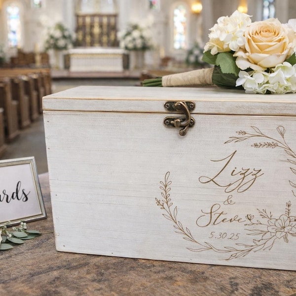 White Rustic Wooden card box Personalized  Lockable card box   Wedding Card box