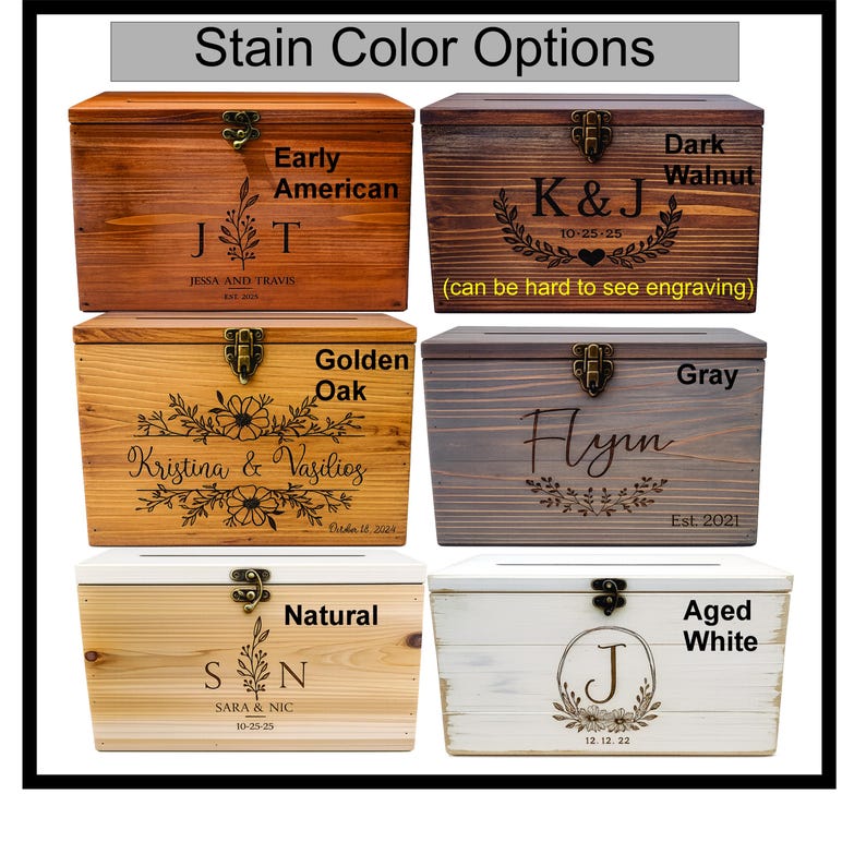a collection of six wooden boxes, each with a unique stain color and personalized engraving. The boxes are arranged in a grid, showcasing the different color options available for the boxes.