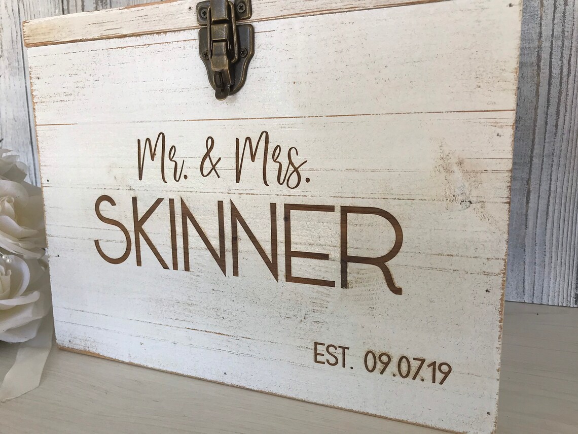 Rustic White Wood Card Box Personalized Lockable Card Box Etsy