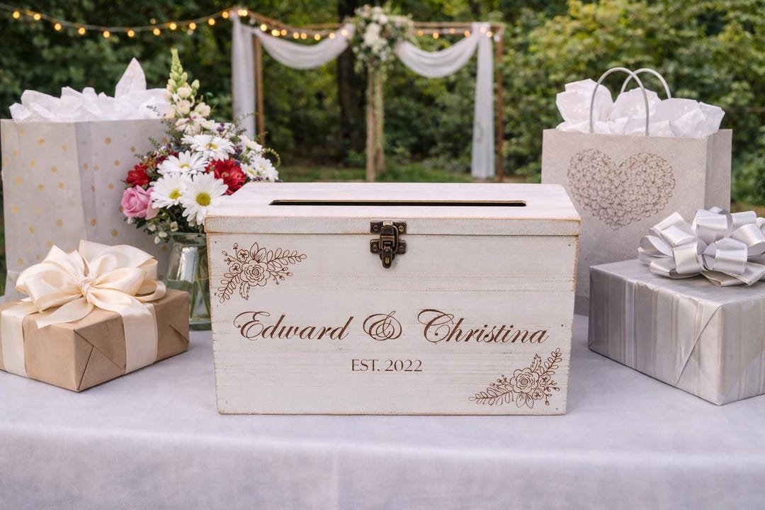Rustic Wedding Card Box Engraved Barnwood Card Holder, Personalized ...