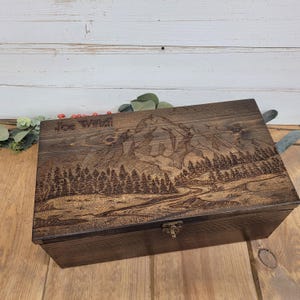 Personalized Rustic Cedar Keepsake Box | Laser Engraved Mountain Scene