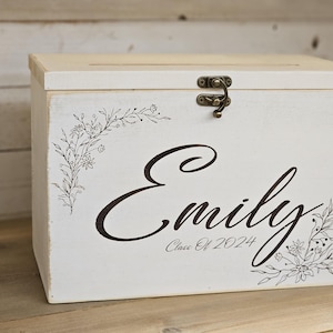 Personalized Rustic White Wood Card Box: Lockable Wedding Keepsake