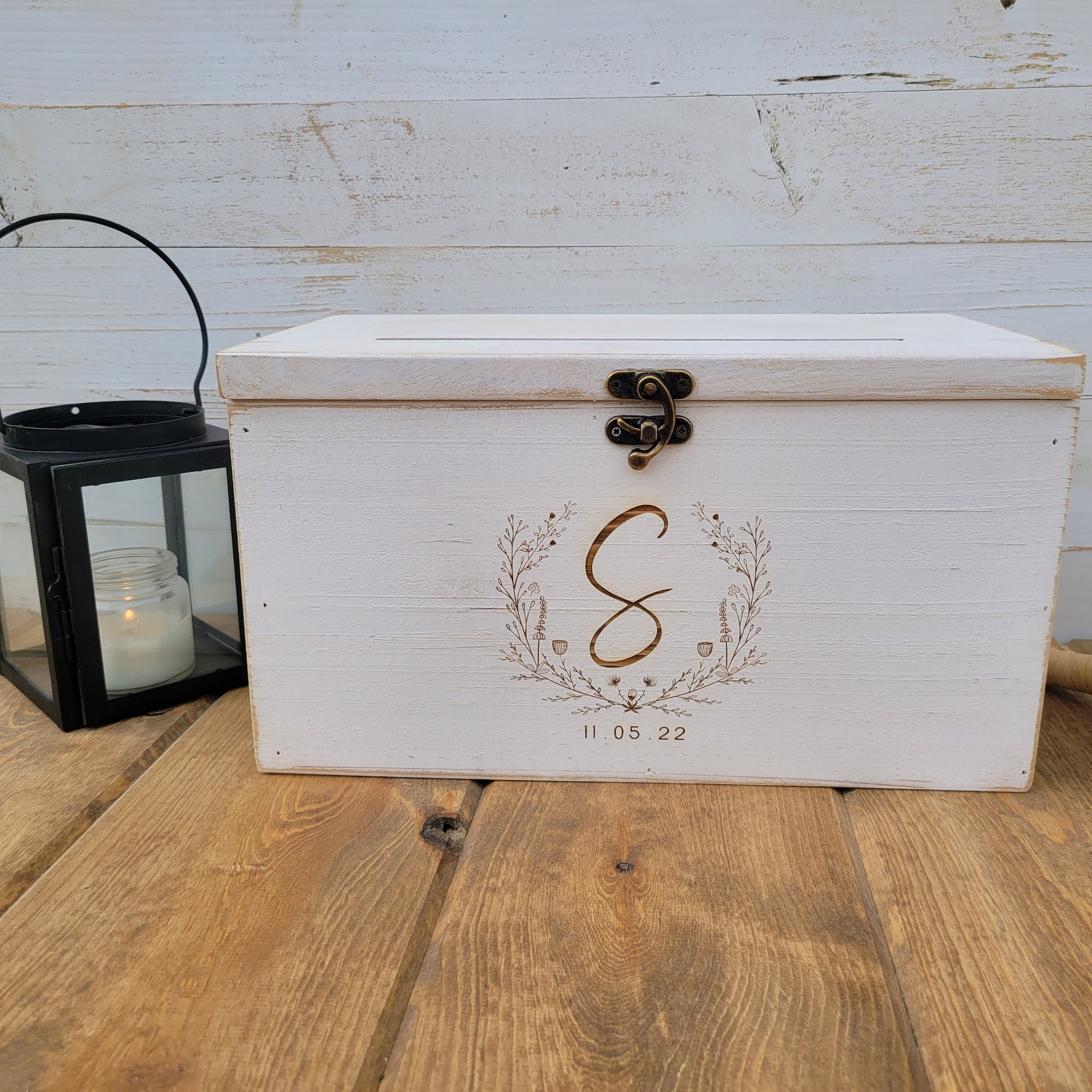 White Rustic Wooden Card Box Personalized Lockable Card Box Etsy