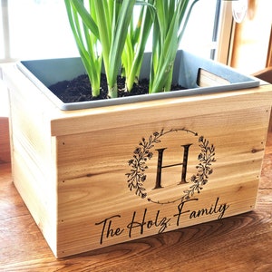 Rustic Cedar Personalized Flower Planter with Laser Engraved Design - Front Door Decor