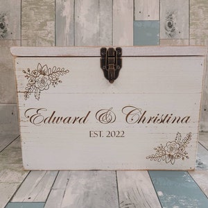 Personalized White Rustic Wedding Card Box: Lockable Keepsake